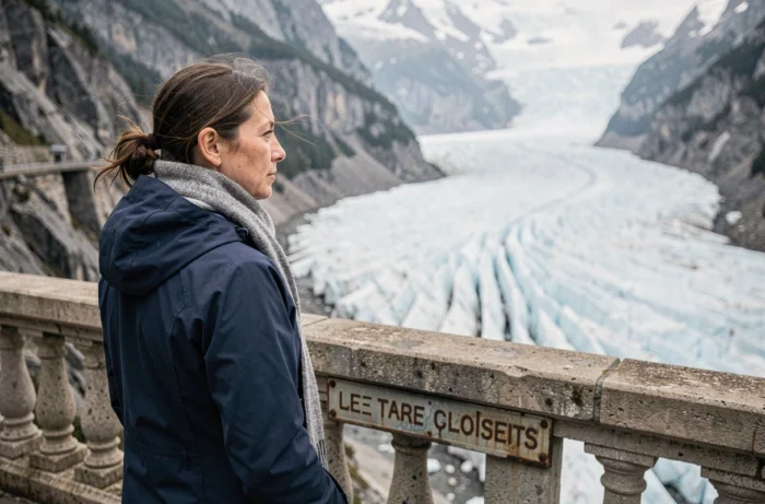 Femme contemplant la Mer de Glace depuis la terrasse panoramique de la gare de Montenvers à Chamonix