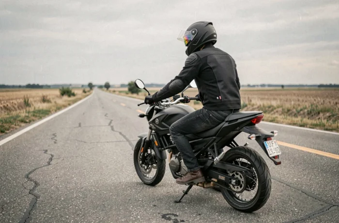 Jeune motard en équipement complet sur une Yamaha MT-125 sur une route ouverte, vue de trois quarts arrière au ras du sol