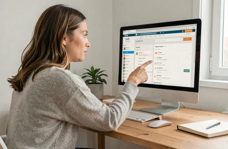 Femme naviguant sur un plan de site web depuis son bureau à domicile avec un grand écran