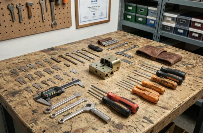 Outils professionnels de serrurier disposés sur un établi, représentant le savoir-faire d'un artisan qualifié en serrurerie
