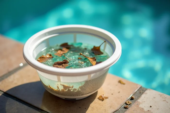 Panier de skimmer de piscine contenant des fragments de verre et des débris retirés de l'eau