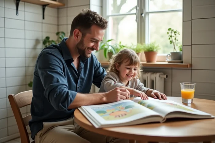 Un père et sa jeune fille lisent ensemble un livre illustré à la table de la cuisine, moment d'éducation et de partage favorisant l'apprentissage de la lecture chez les enfants