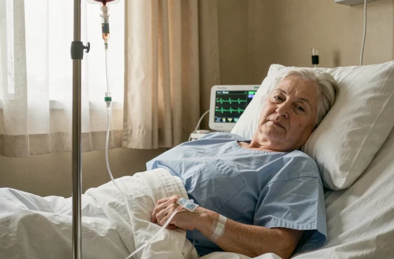 Femme âgée recevant une transfusion sanguine dans un lit d'hôpital avec une poche de sang reliée à une perfusion intraveineuse