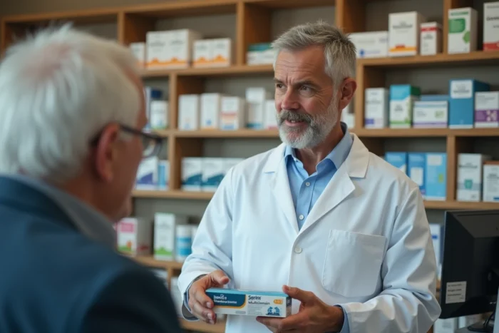 Pharmacien conseillant un patient âgé sur les contre-indications d'un complément alimentaire senior