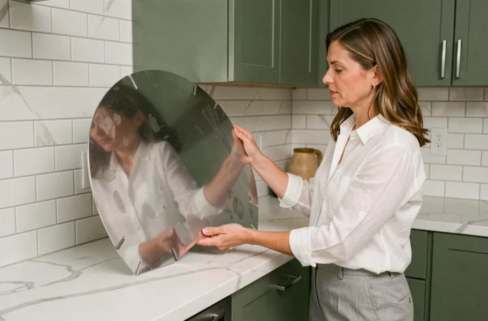 Femme comparant une plaque inox sur mesure dans une cuisine moderne avec crédence et plan de travail en marbre