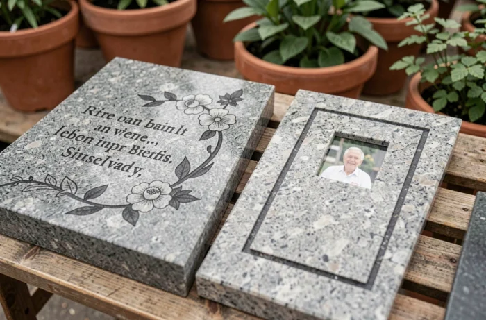 Gros plan sur deux plaques funéraires en granit gravées exposées dans une jardinerie avec motifs floraux et texte personnalisé