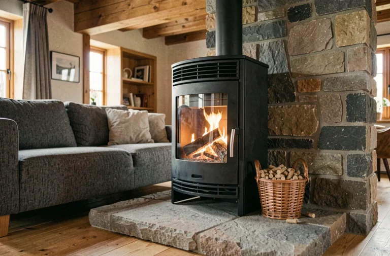 Poêle à pellets moderne installé dans un salon chaleureux avec un feu visible derrière la vitre et un panier de granulés en bois à côté