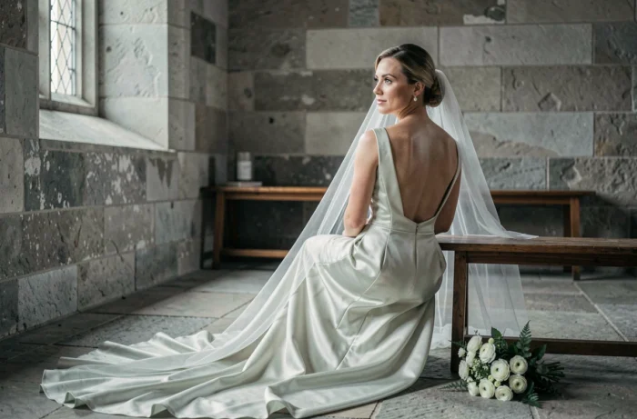 Portrait intime d'une mariée en robe de soie assise seule dans une chapelle en pierre le jour de son mariage