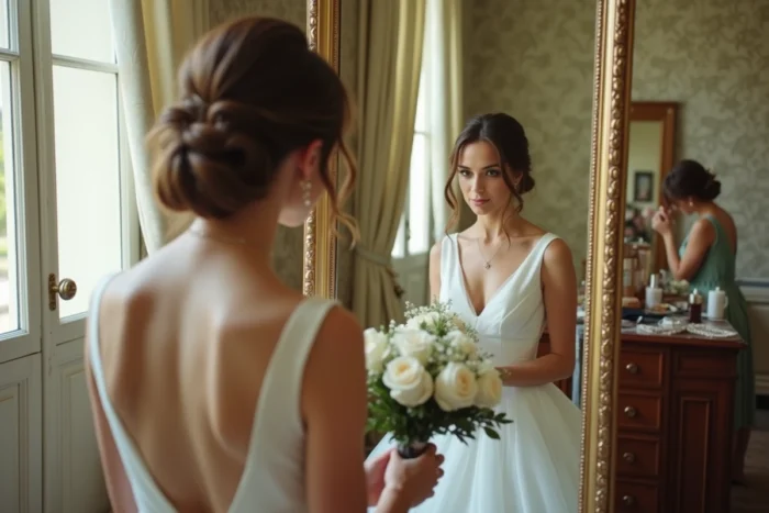 Mariée en robe ivoire se préparant dans une salle de dressing d'un manoir français, tenant un bouquet de roses blanches devant un miroir ancien