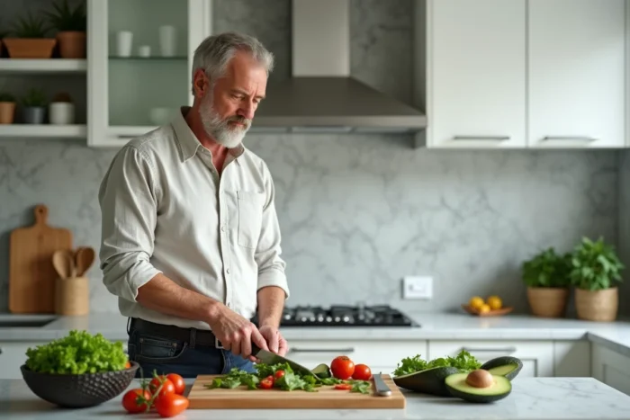 Homme préparant un repas sain avec des légumes frais dans une cuisine moderne pour une alimentation équilibrée