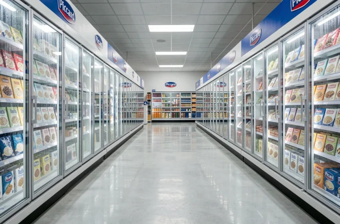Rayon surgelés Picard dans un supermarché moderne avec vitrines réfrigérées et packaging emblématique de la marque