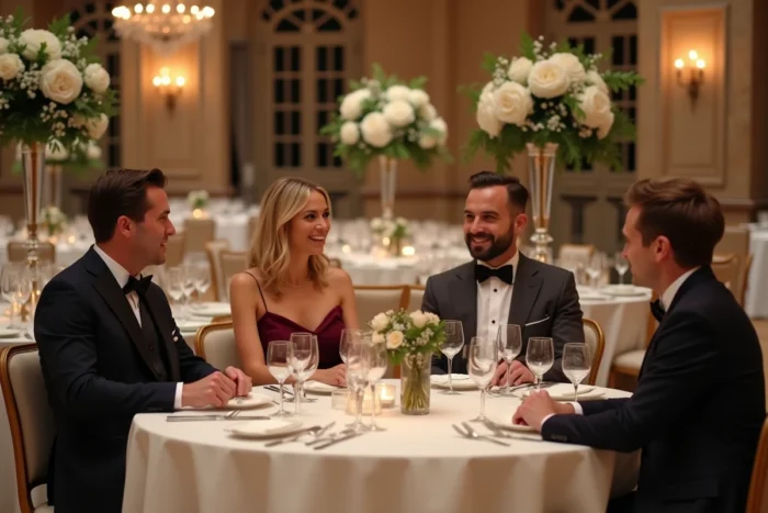 Réception de mariage raffinée avec des invités élégants attablés dans un grand salon décoré de fleurs blanches et de bougies