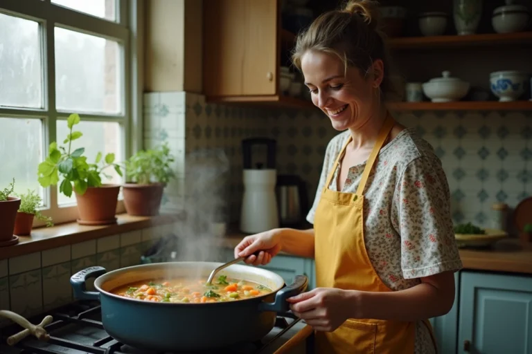 Femme en tablier préparant une soupe de légumes maison dans une cuisine modeste et authentique