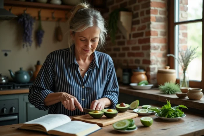 Femme découpant un avocat frais dans une cuisine rustique entourée d'ingrédients naturels et d'un carnet de recettes beauté maison posé sur une table en bois