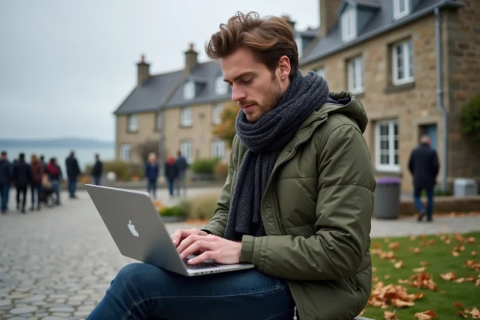 Jeune homme consultant des offres d'emploi sur un ordinateur portable dans une place typique de Bretagne