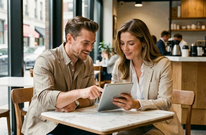 Deux professionnels en tenue business casual consultant ensemble des ressources de recherche d'emploi en ligne sur une tablette dans un café moderne