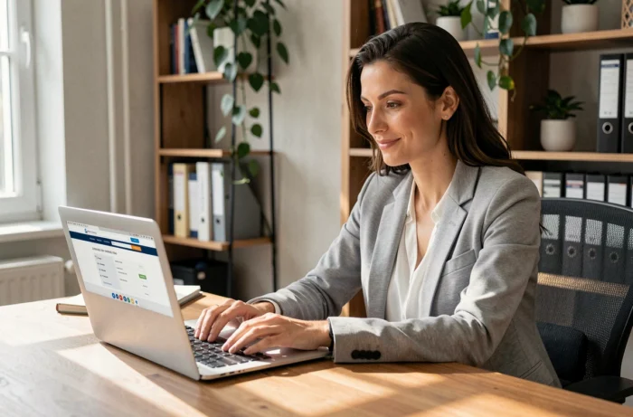 Femme en blazer gris travaillant sur un ordinateur portable affichant un site de recherche d'emploi dans un bureau à domicile moderne