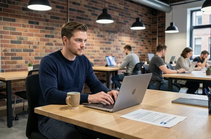 Homme en pull marine consultant des ressources en ligne pour sa recherche d'emploi dans un espace de coworking urbain