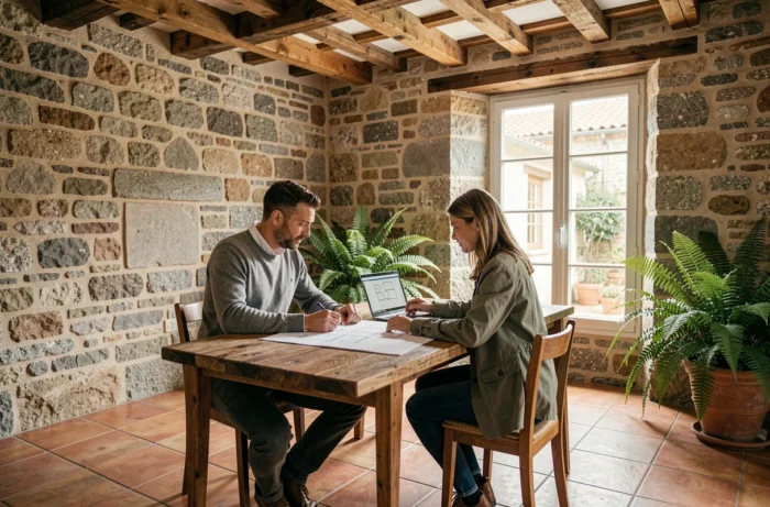 Deux professionnels de l'immobilier discutant de plans d'investissement responsable dans un espace de travail rénové en Bretagne