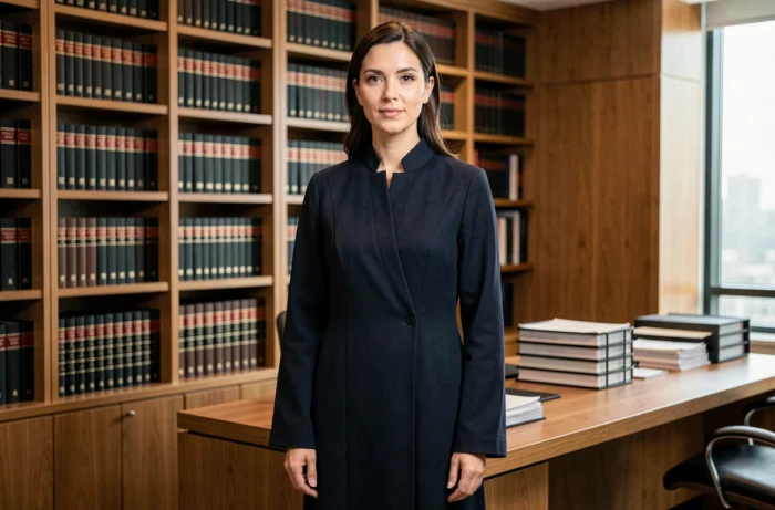 Avocate en robe de palais en laine crêpe marine dans un cabinet juridique avec bibliothèque en bois