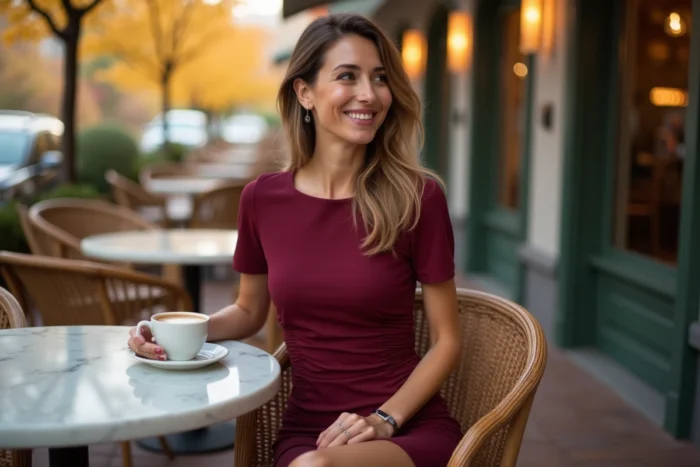Femme assise en terrasse de café portant une robe moulante bordeaux avec fronces, robe amincissante qui affine les courbes