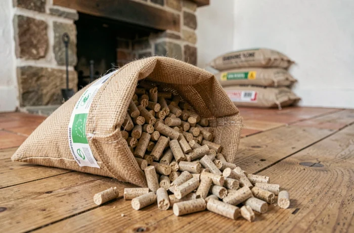 Sac de granulés de bois en vrac sur un plancher en chêne rustique avec une étiquette de certification écologique visible dans un cadre de ferme traditionnelle