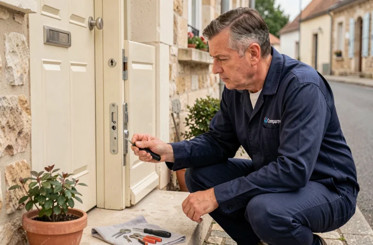 Serrurier professionnel en uniforme inspectant une serrure de porte d'entrée dans un quartier résidentiel d'Aubergenville