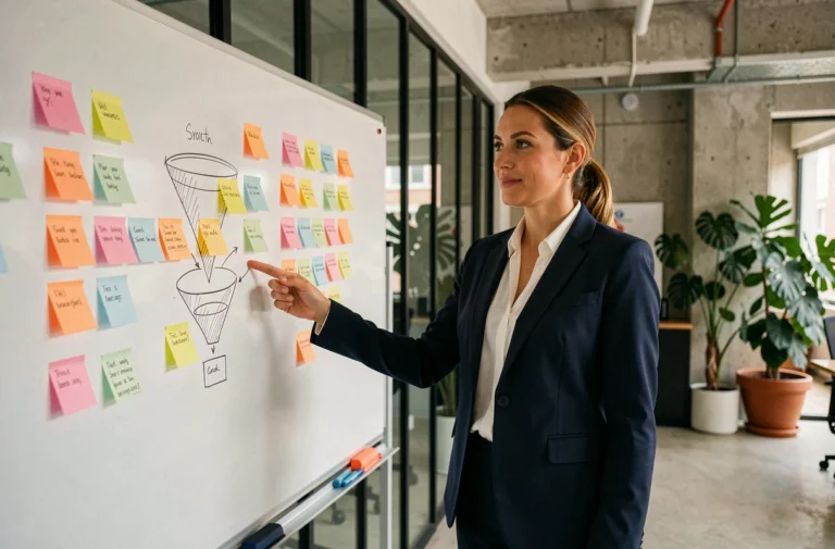 Femme professionnelle présentant une stratégie marketing devant un tableau blanc couvert de notes colorées dans un bureau moderne
