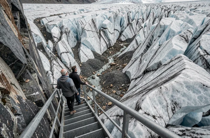 Surface de la Mer de Glace avec ses stries glaciaires et l'escalier d'accès taillé dans la roche à Chamonix