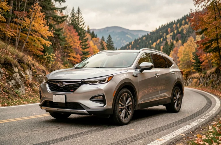 SUV hybride non rechargeable garé sur une route de montagne en automne, vue 3/4 avant mettant en valeur le design aérodynamique