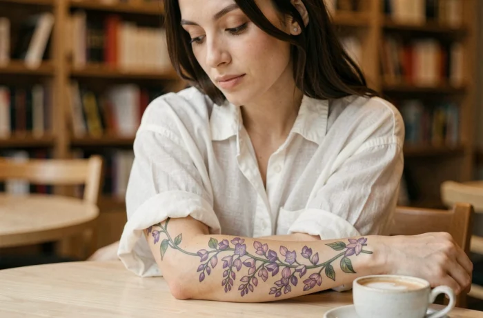 Femme avec un tatouage lilas sur l'avant-bras dans un café, motif floral violet délicat en style réaliste