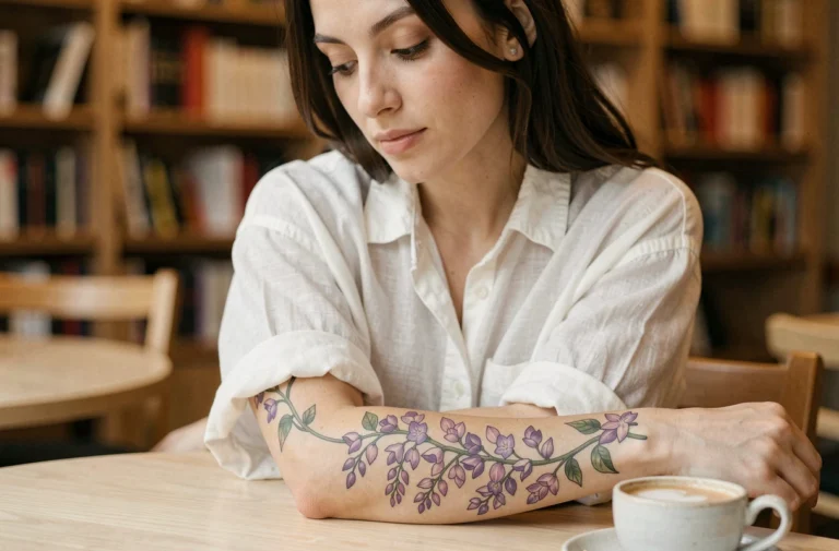Femme avec un tatouage lilas sur l'avant-bras dans un café, motif floral violet délicat en style réaliste