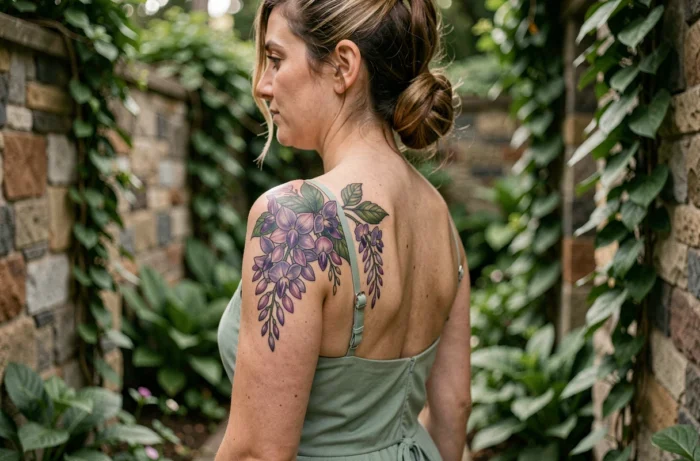 Tatouage lilas sur l'omoplate d'une femme dans un jardin botanique, motif wisteria violet et vert