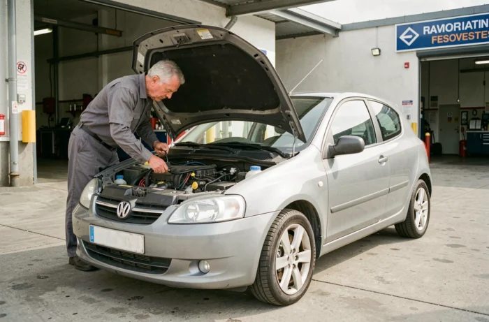 Technicien vérifiant les niveaux moteur d'une voiture dans un garage, entretien régulier automobile
