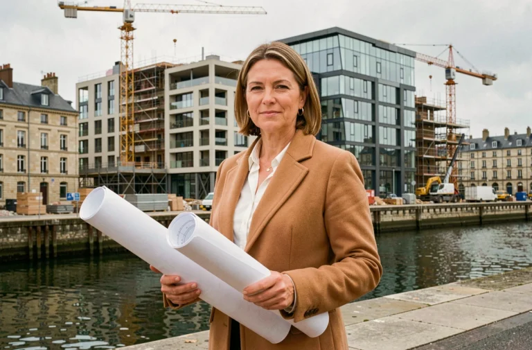 Architecte femme tenant des plans devant un chantier immobilier moderne à Nantes avec le bord de Loire en arrière-plan