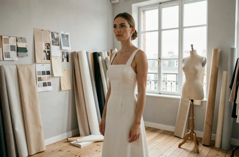 Mariée en robe de mariée minimaliste contemporaine dans un atelier parisien, tendances mariage cette année
