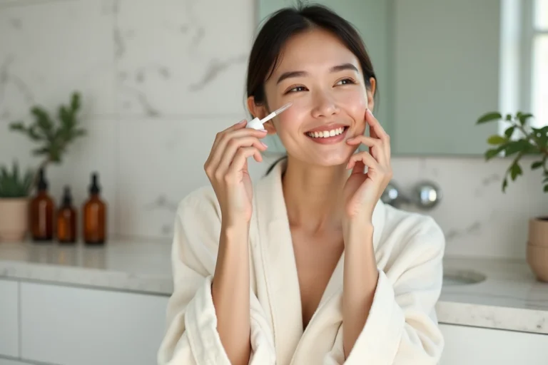 Femme appliquant un sérum visage devant un miroir dans une salle de bain minimaliste, tendances skincare beauté