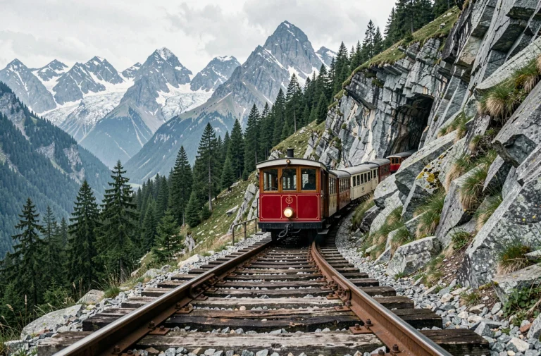 Train à crémaillère rouge du Montenvers gravissant les pentes boisées des Alpes françaises au-dessus de Chamonix
