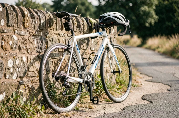 Vélo de route Triban RC 120 appuyé contre un mur en pierre sur une route de campagne française