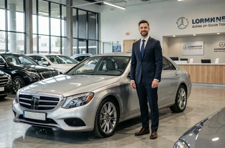 Vendeur Mercedes en costume sombre debout près d'une berline argentée dans une concession automobile luxueuse