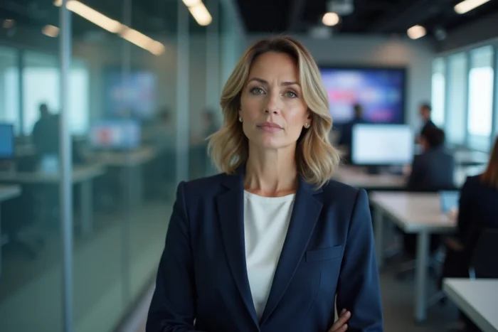 Journaliste femme dans un studio de télévision moderne, illustrant le débat sur la vie privée des personnalités médiatiques
