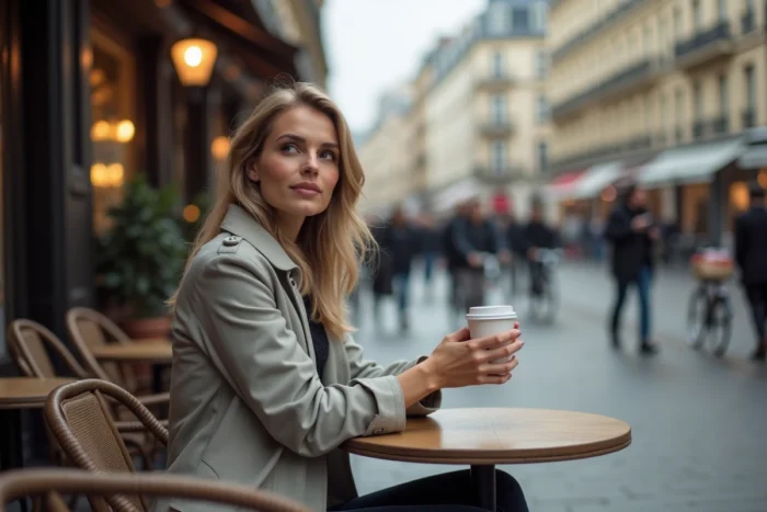 Femme observée dans un café parisien symbolisant la tension entre curiosité publique et respect de la vie privée
