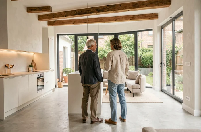 Couple visitant un appartement rénové lumineux à Nantes avec vue sur cour intérieure et grandes fenêtres