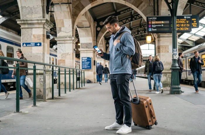 Voyageur vérifiant son assurance rapatriement sur smartphone dans une gare française