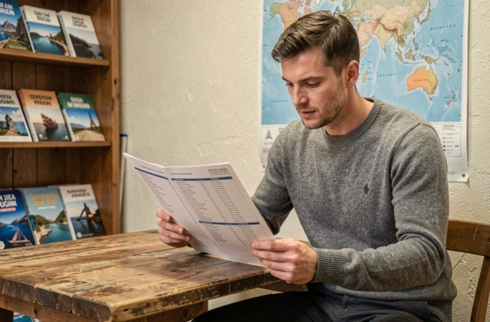 Voyageur solo consultant son itinéraire de voyage dans une agence de tourisme avec des brochures de destinations au mur