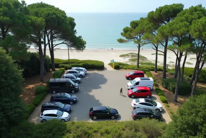 Vue d'ensemble du parking gratuit de la plage de Conleau avec vue sur le golfe du Morbihan