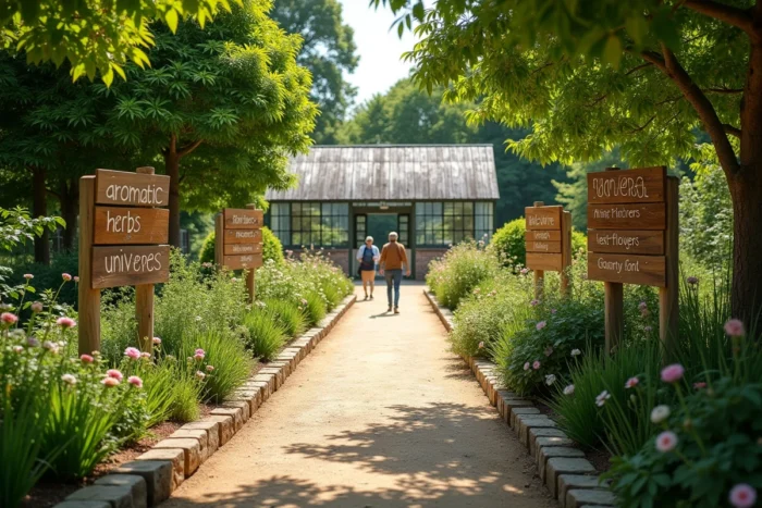Vue panoramique d'un jardin botanique avec des panneaux thématiques indiquant les différents univers de plantes
