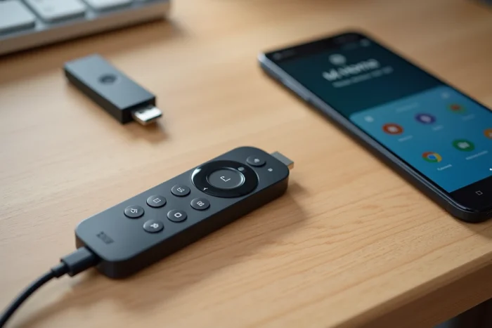 Vue de dessus du Xiaomi Mi TV Stick avec télécommande, câble USB et smartphone affichant l'application Mi Home pour la configuration