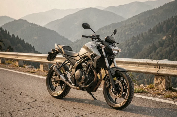 Yamaha MT-125 garée sur un col de montagne en vue trois quarts avant, avec un paysage forestier en arrière-plan